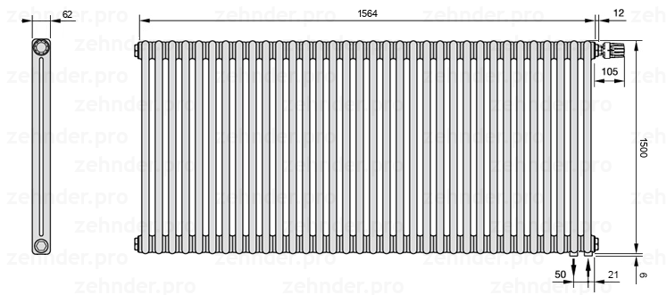 Схема (чертеж) Радиатор Zehnder Charleston 2150/34 №V002 Белый глянцевый RAL 9016